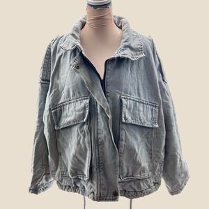 Indie XO Womens Light Wash Faux Fur Lined Distressed Denim Bomber Jacket Small